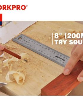 WORKPRO木工直角尺不锈钢90度宽座多功能木工标注尺公英制