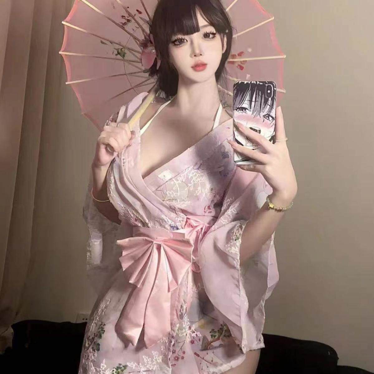 新款纯欲日式樱花和服内衣套装性感睡裙甜美蝴蝶结系带浴袍女