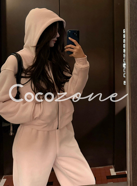 COCO ZONE 刘 一一 “落樱粉”连帽纯色舒适休闲裤/外套 CD1A1837