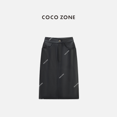 COCOZONE刘一一2025早春纯色显瘦包臀皮裙百搭A字半身裙CC2C1609
