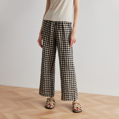 COCO ZONE刘11 夏季时尚松紧腰抽绳休闲裤格子直筒裤CC1B0664