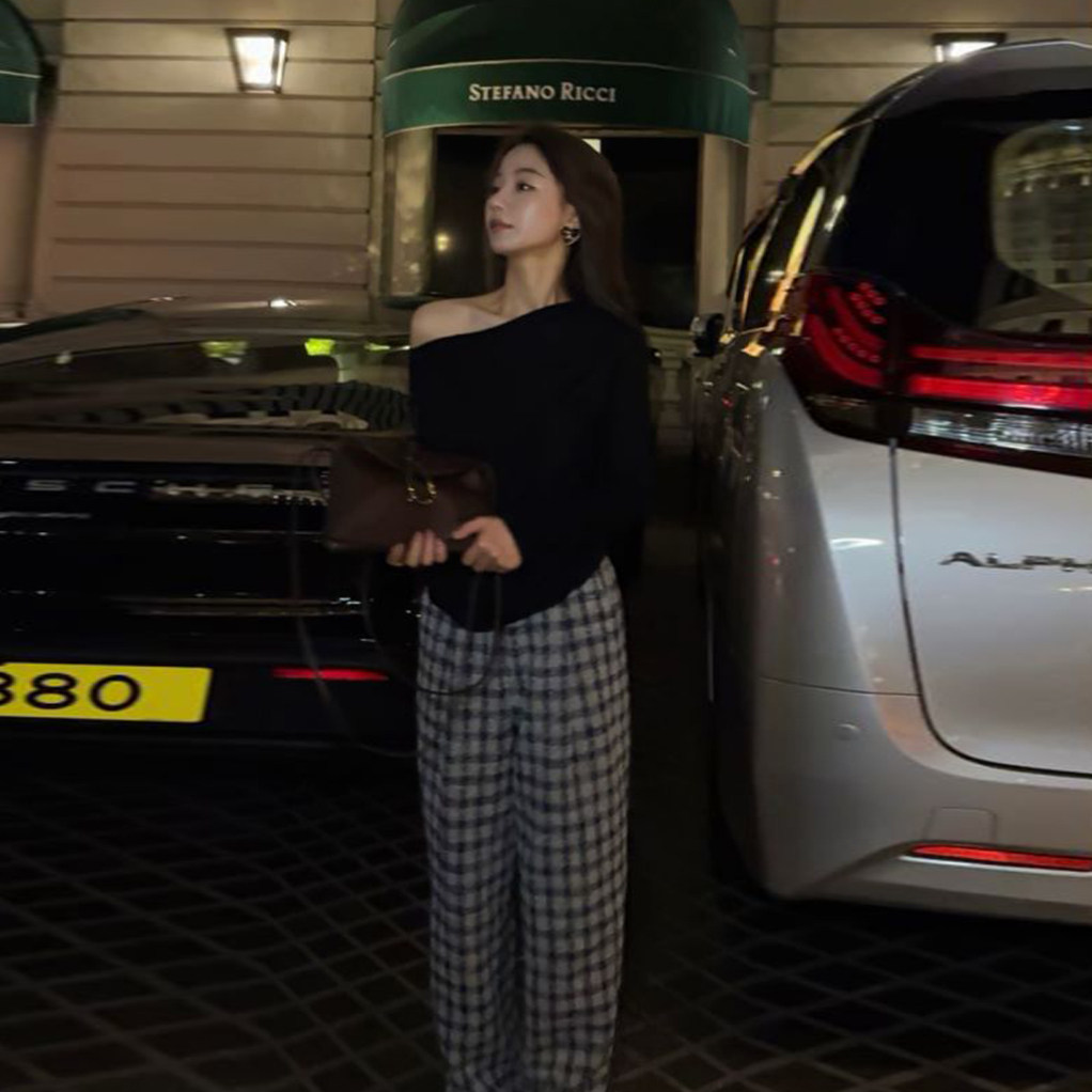 COCO ZONE 刘一一 秋冬设计感格纹休闲裤简约显瘦直筒裤CC1D2440