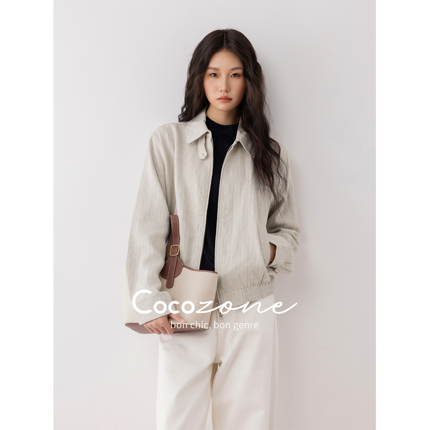 COCOZONE刘112025春季浅予风简约立领短款外套设计感夹克上衣女