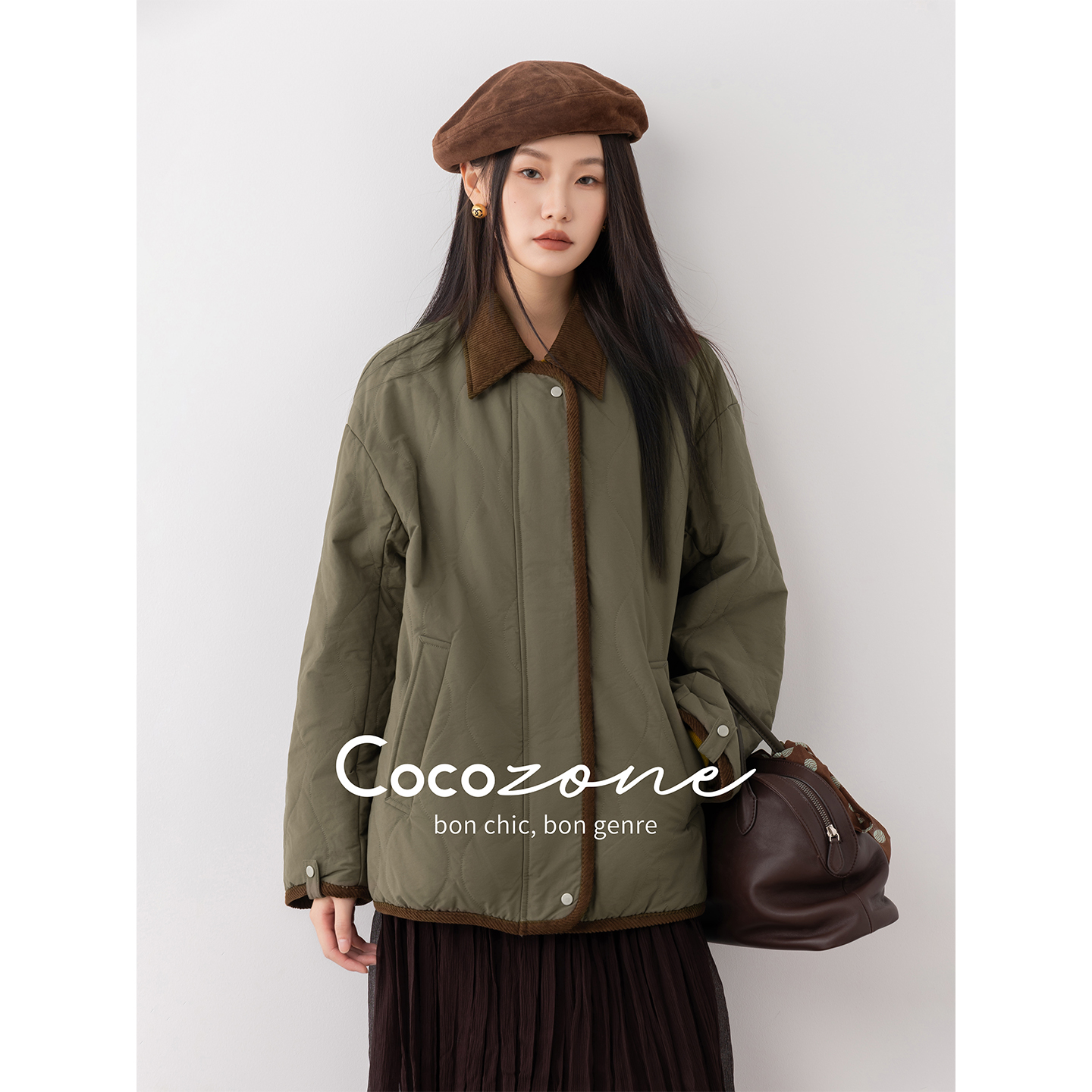 COCO ZONE 刘112025设计感撞色高级拼接翻领气质百搭时尚棉服女