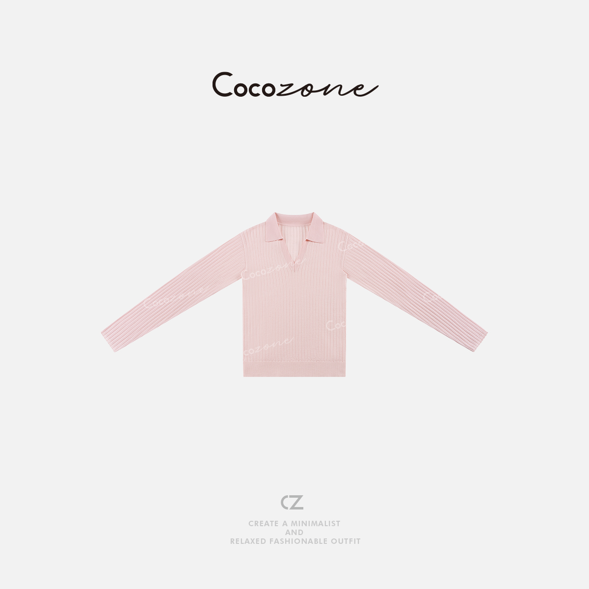 COCO ZONE刘一一怀春春季新款polo小V领简约长袖针织衫女CD1A0030