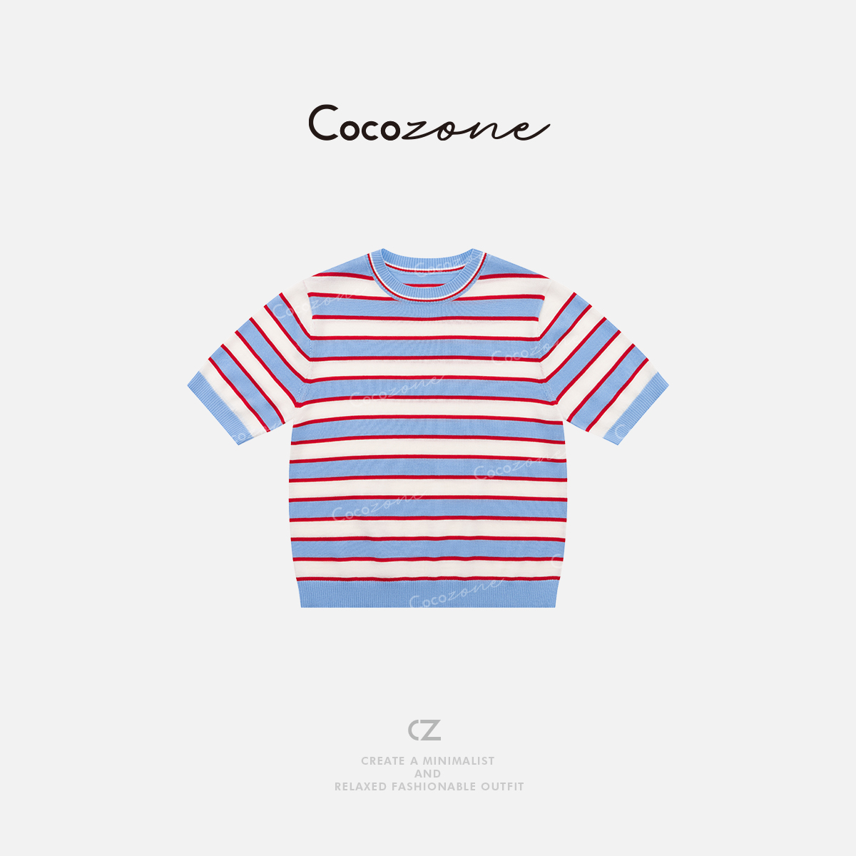 COCOZONE 刘一一 红蓝CP夏季新款100羊毛条纹轻薄针织短袖T恤上衣