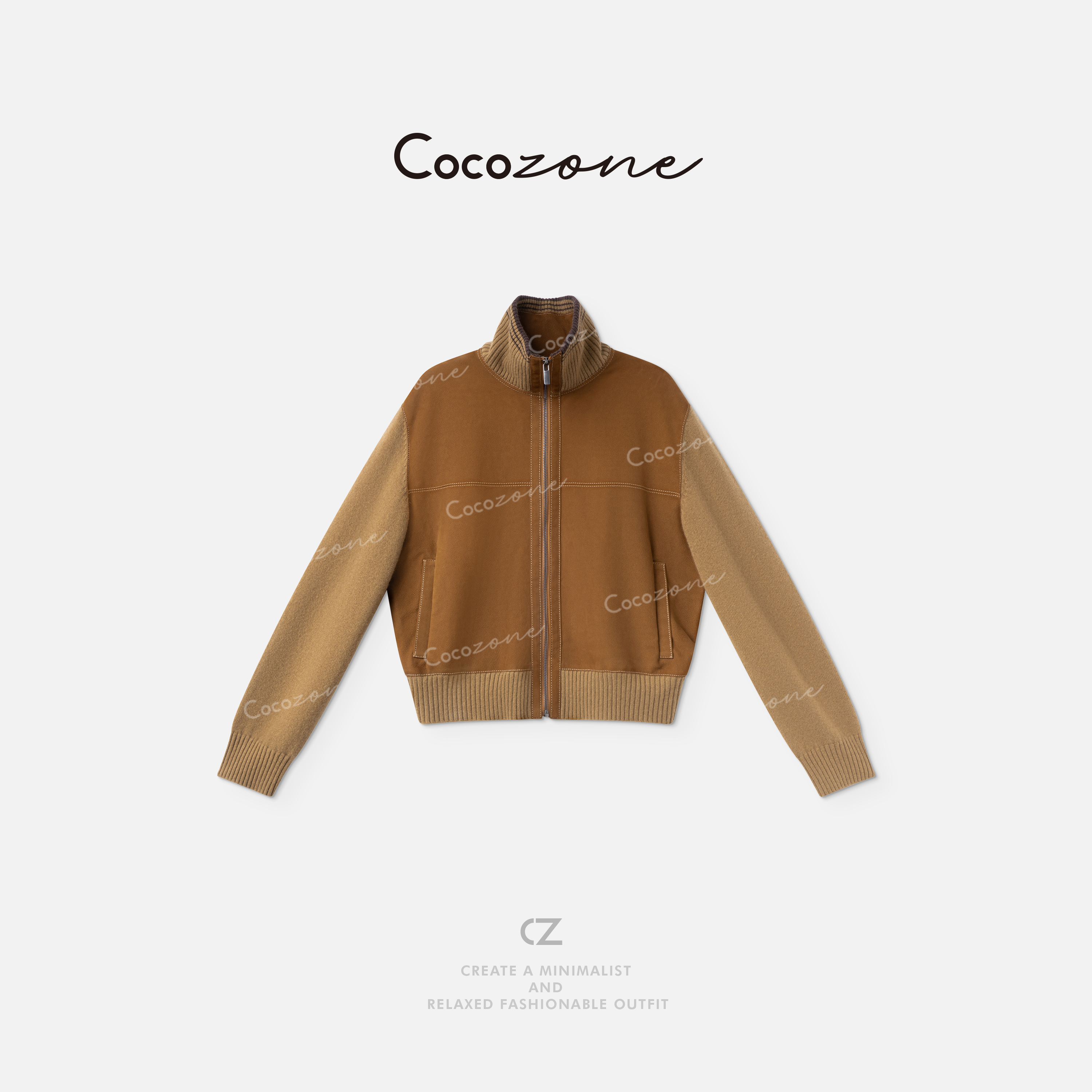 COCO ZONE 刘112025早秋新款100羊绒立领拉链质感时尚皮衣外套