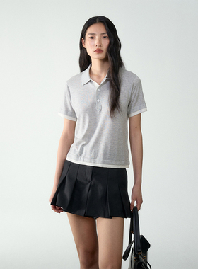 COCO ZONE&刘11时尚假两件复古显瘦翻领POLO衫休闲短袖24C10348