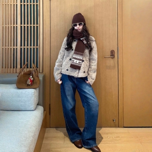 COCO ZONE 刘11兰亭序100羊皮革双排扣经典设计感时尚百搭皮草