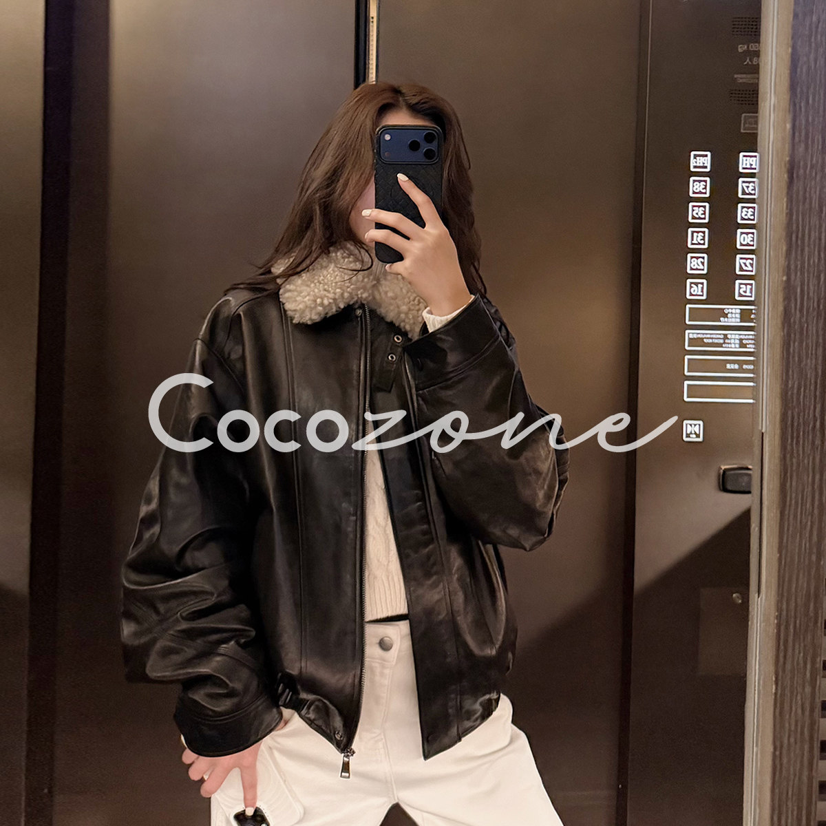 COCO ZONE 刘 一一&ldquo;查理斯&rdquo;英国进口100羊皮革翻领皮衣CD2A3282