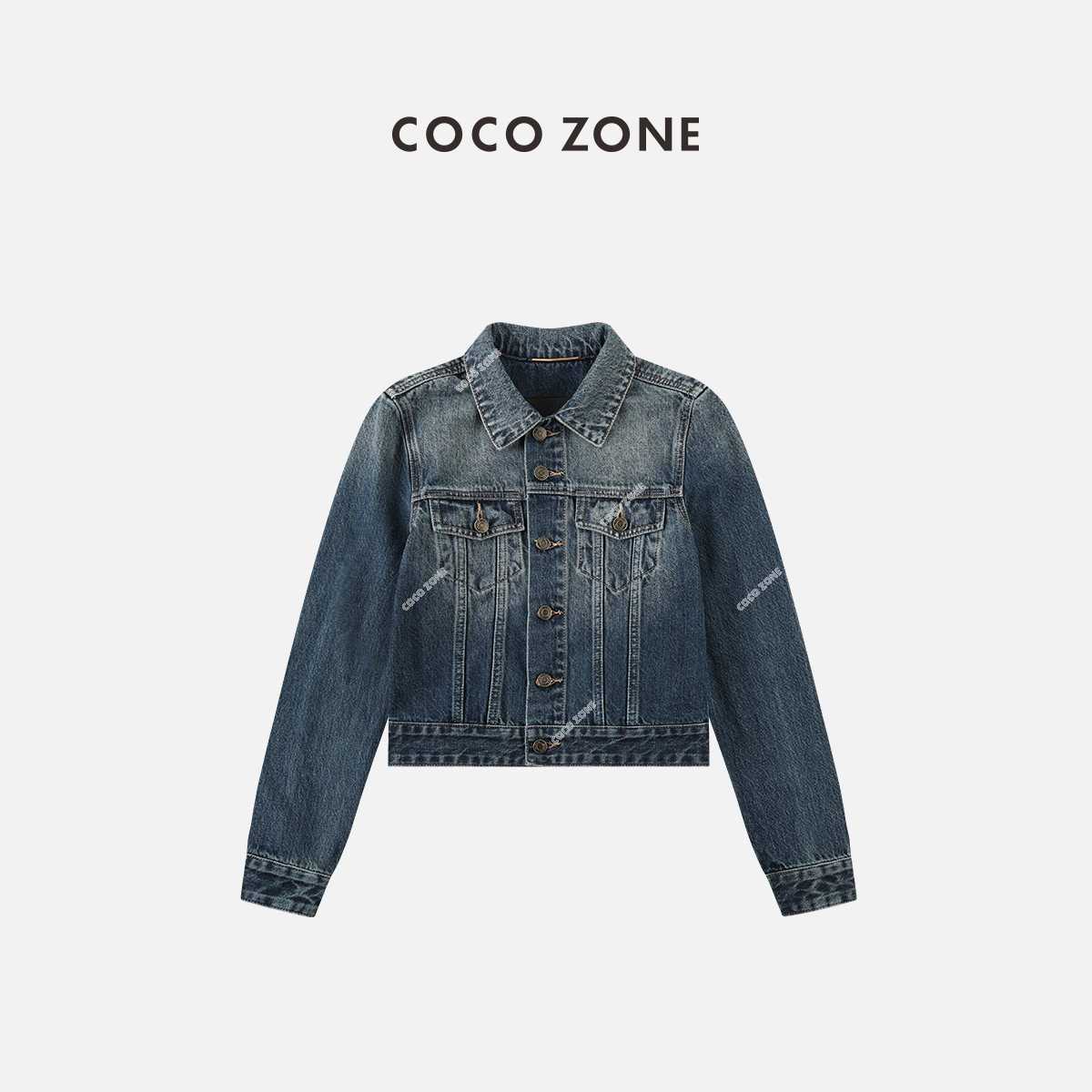 COCO ZONE 刘一一 100%棉短款牛仔外套重工洗水拼接设计23C19131