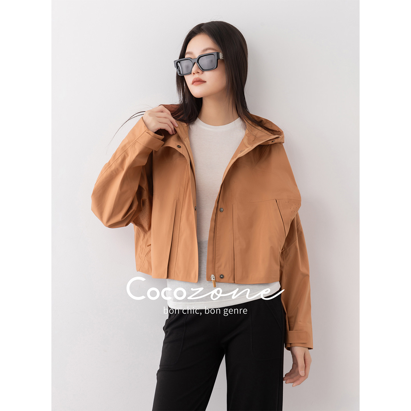 COCO ZONE 刘11沙漠阳光连帽前中拉链口袋户外都市外套夹克外套女