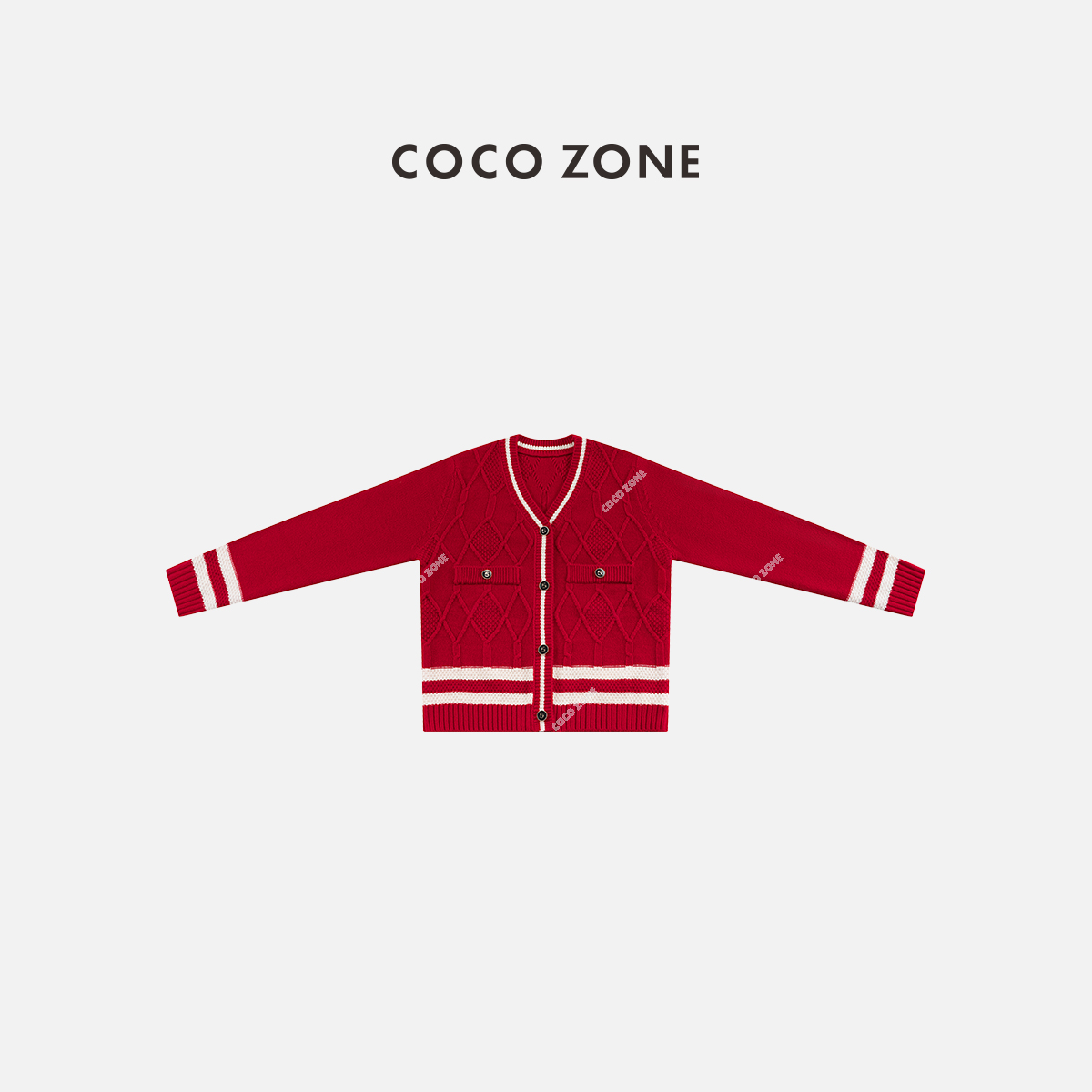 COCO ZONE 刘一一冬季慵懒风拼色菱格V领排扣针织开衫CC2D3315
