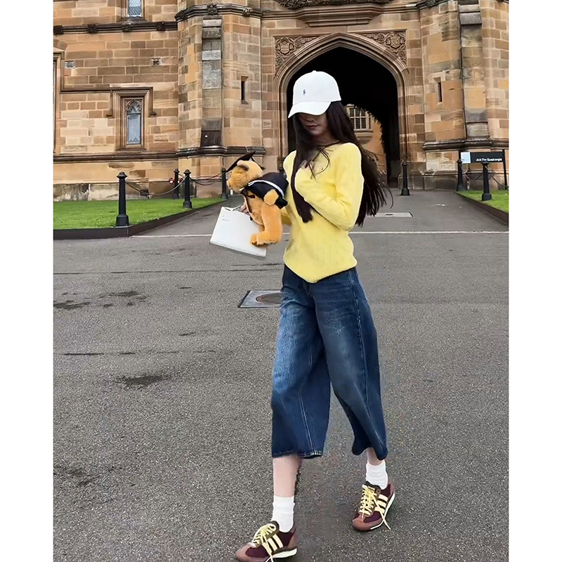 COCO ZONE刘11 七分裤25新款美式复古水洗阔腿牛仔裤夏天裤子女