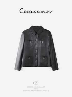 COCO ZONE刘11香香100绵羊皮复古黑色皮衣外套女小个子2025新款