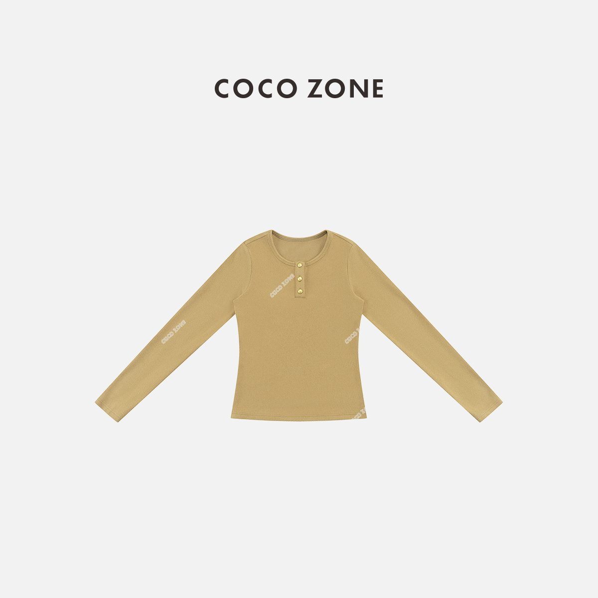 COCO ZONE 刘11 简约纯色三粒扣圆领休闲长袖T恤打底衫CC2D2886