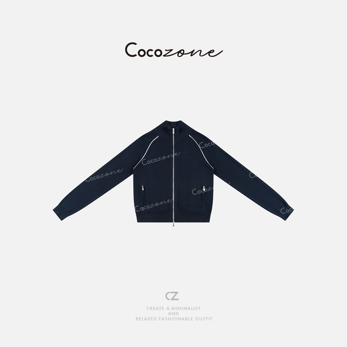 COCOZONE刘一一早春莱赛尔撞色百搭显瘦学院风立领拉链针织开衫女