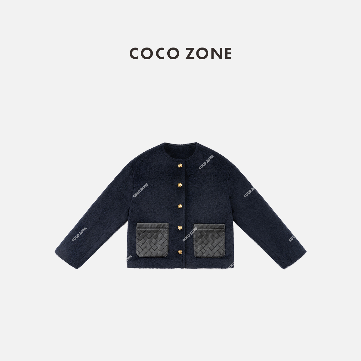 COCO ZONE 刘一一 秋冬设计感口袋拼接时尚圆领呢子外套CC2C2213
