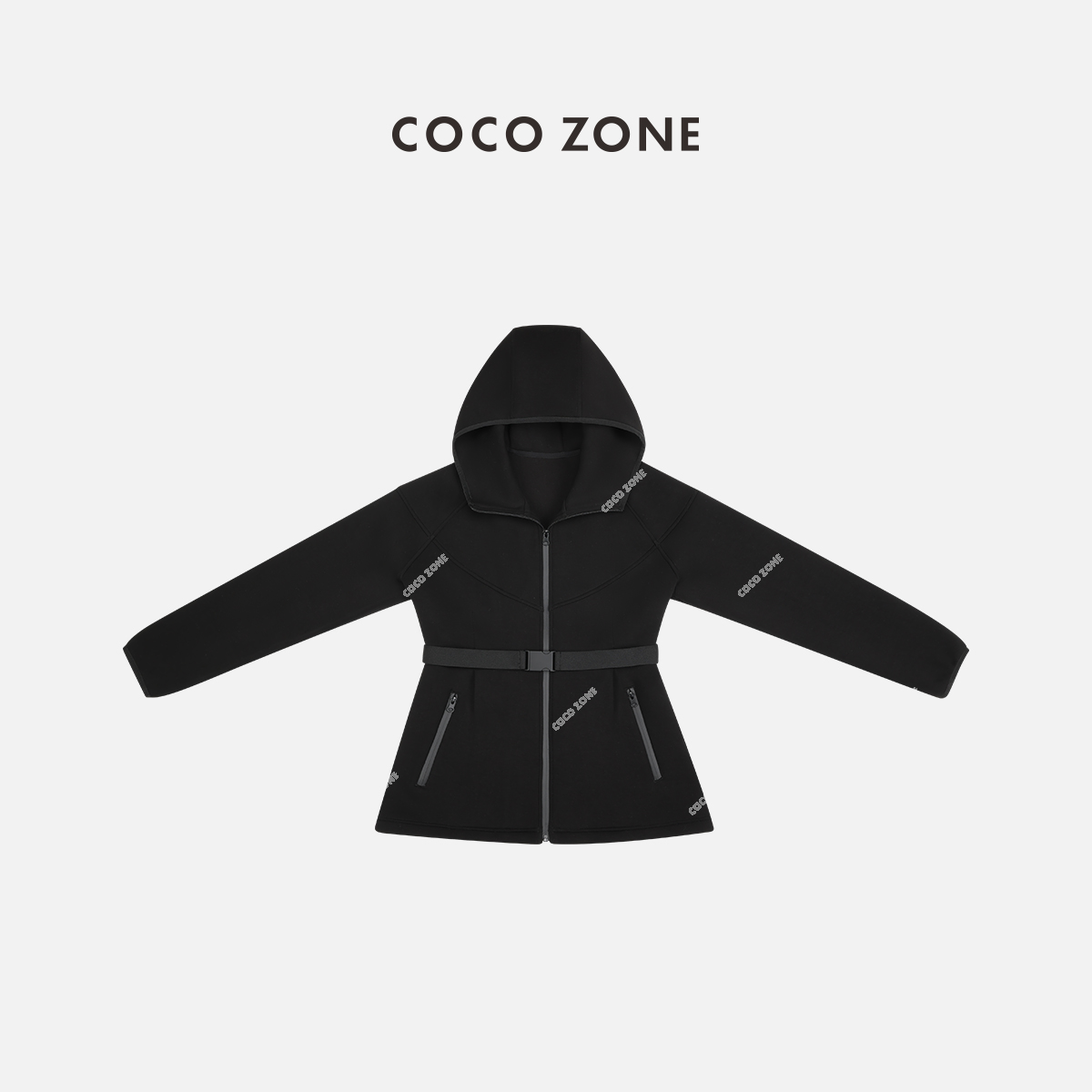 COCO ZONE 刘一一女士连帽空气层显瘦百搭黑色收腰外套秋24C10124