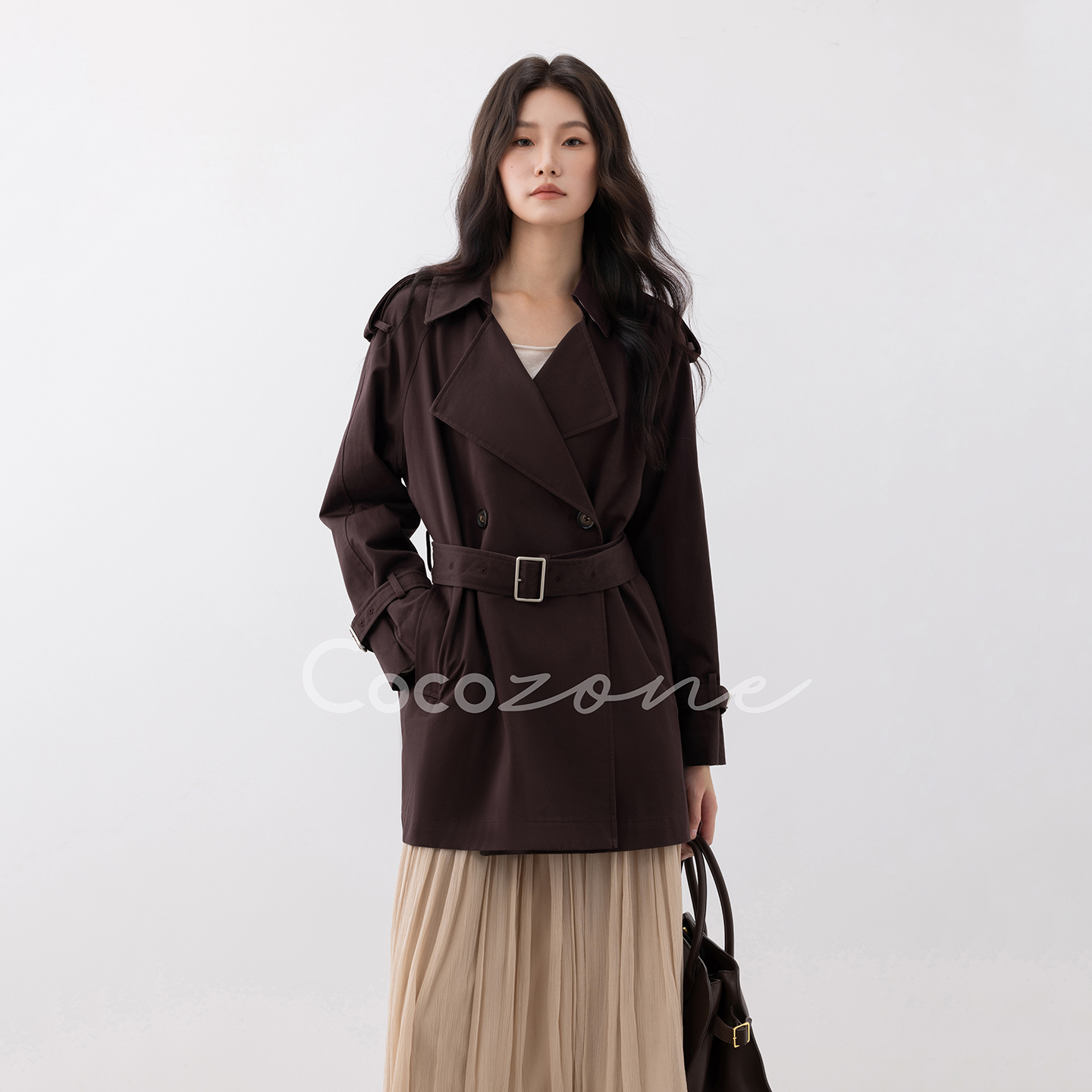 COCO ZONE 刘一一2025设计感秋季翻驳领中长款风衣外套收腰上衣女