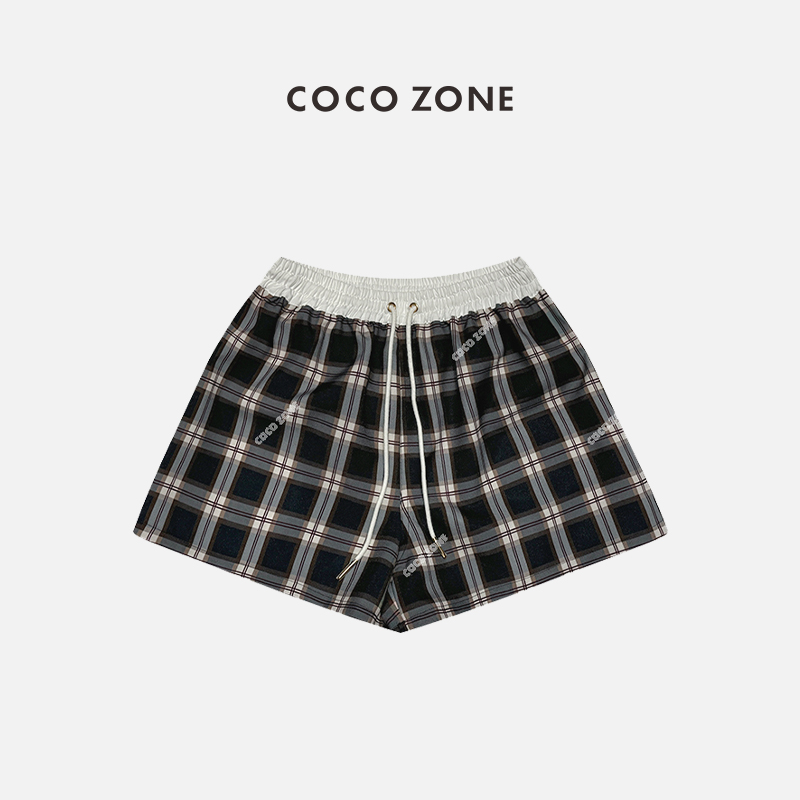 COCOZONE夏季格纹松紧腰抽绳短裤