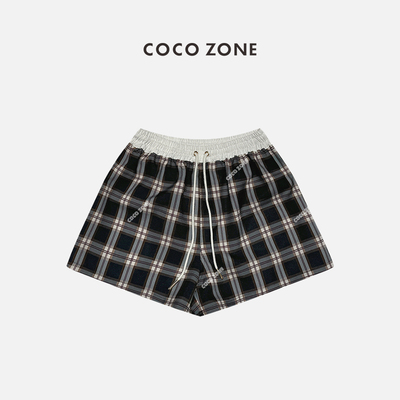 COCOZONE夏季格纹松紧腰抽绳短裤