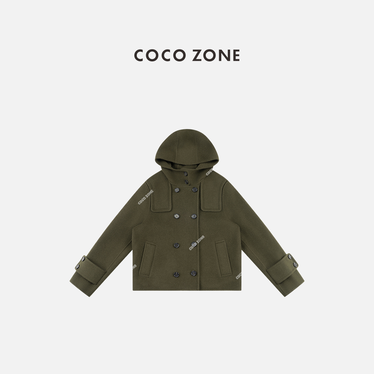 COCO ZONE 刘一一 100绵羊毛秋冬复古双排扣连帽女士外套CC2D2470