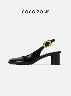 COCO ZONE刘一一 黑色漆皮高跟鞋浅口复古一字扣单鞋CC2A0254