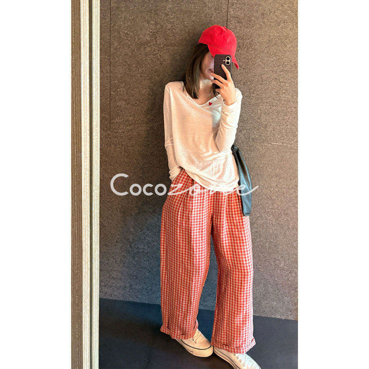 COCO ZONE刘一一"落日红格"100亚麻26夏款垂坠感休闲裤CF1A0890