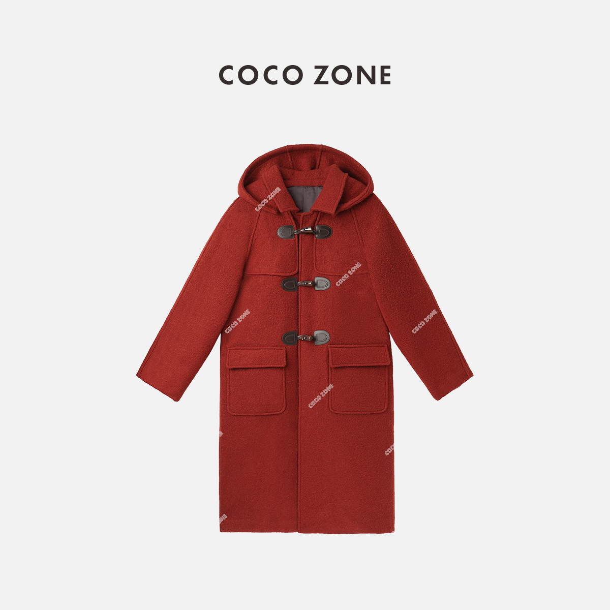 刘11&COCO ZONE圣诞红色羊毛大衣牛角扣连帽毛呢外套23C30675