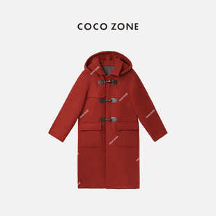 刘11&COCO ZONE圣诞红色羊毛大衣牛角扣连帽毛呢外套23C30675