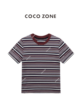 COCOZONE 刘11 2025早春100棉条纹撞色圆领百搭短袖T恤CC1C1712