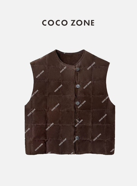 COCO ZONE 刘11 90绒马甲绒面羊皮保暖方格坎肩羽绒服23C30076