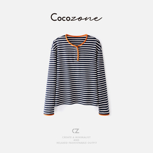 ZONE T恤 刘一一 纽扣圆领条纹撞色长袖 CD2A2323 100棉 COCO