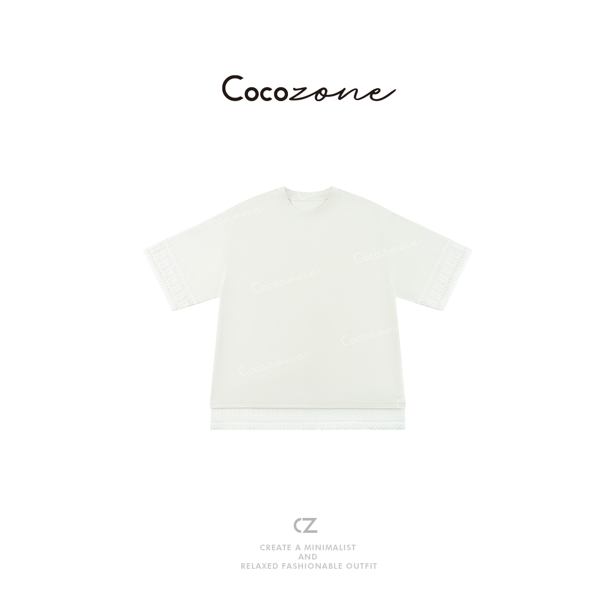 COCO ZONE 刘一一 优雅气质蕾丝袖口极简百搭圆领T恤CD2A0705