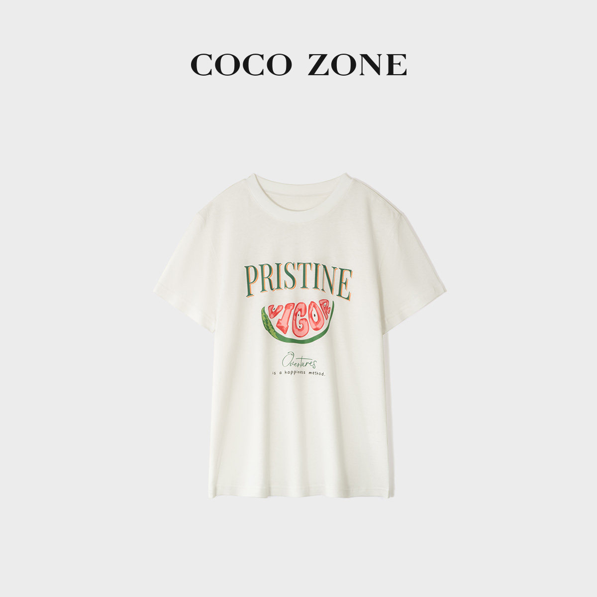 COCO ZONE刘一一"西瓜T"亚麻混纺26夏款圆领印花T恤CF1B0997