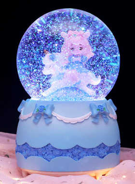 彩灯飘雪花卡通魔法少女骑木马玻璃水晶球音乐盒女孩儿童生日礼品