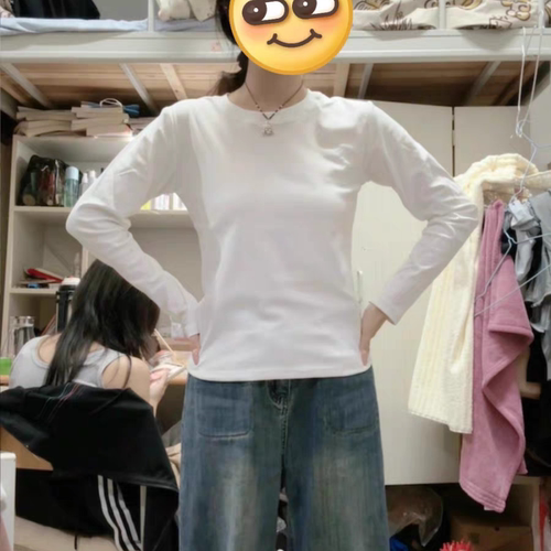 纯棉百搭基础款打底衫女春秋冬修身显瘦长袖T恤白色短款正肩上衣