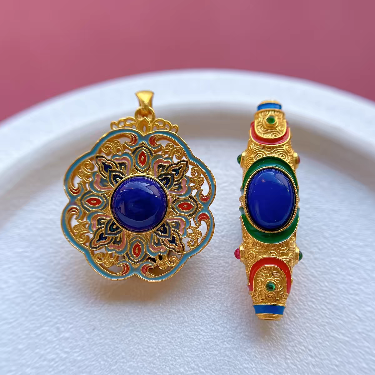 s925古法银镀金烧蓝吊坠花丝镶嵌青金石天珠通孔九眼天珠转运珠