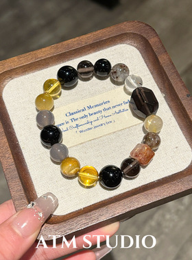 复古老钱风茶晶黑金招财手链女