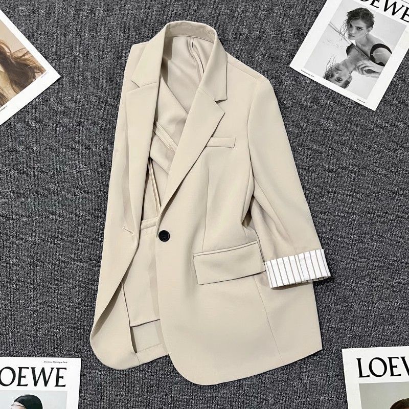 米色条纹袖夏季西装外套