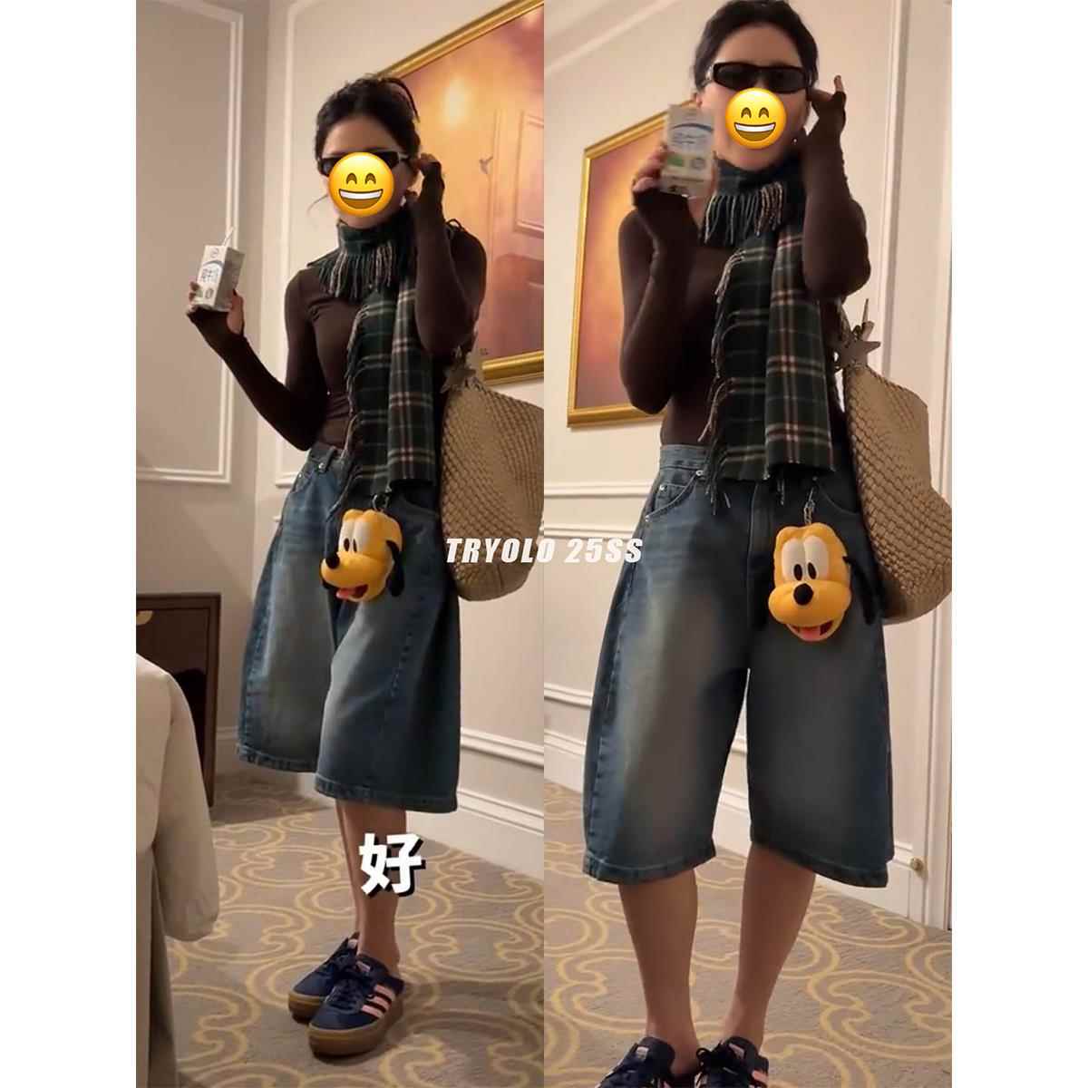 TRYOLO自制 金靖同款宽松阔腿牛仔裤美式复古五分裤中裤短裤女夏