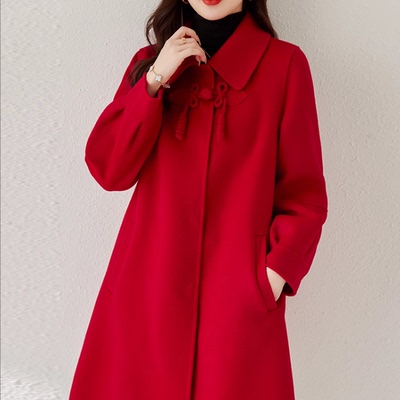 新中式红色大衣女中长款