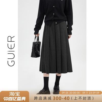 桂儿「星空纹毛呢」有型挺括！灰色百褶裙女学院风显瘦a字半身裙