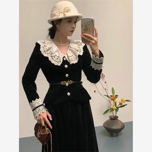 三个裁缝 法式赫本风蕾丝拼接黑色丝绒套装上衣搭配半裙两件套女