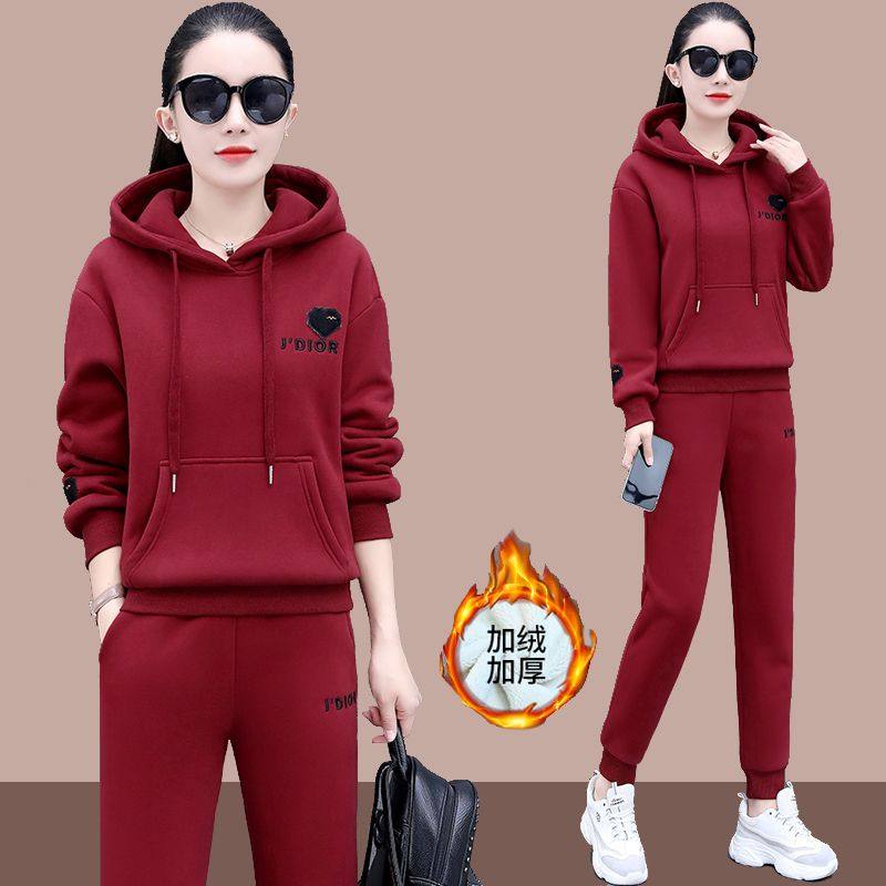 加厚加绒运动套装女冬装2024年新款韩版大码宽松显瘦休闲服两件套
