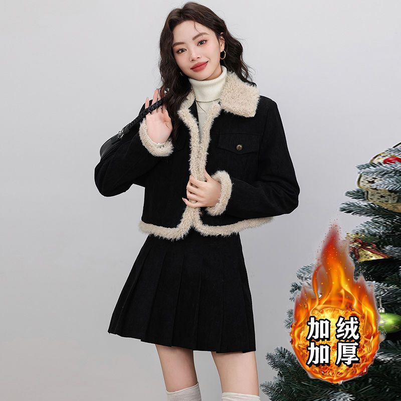 加绒加厚两件套裙子套装2024冬新款长袖外套秋冬款搭半身裙两件套