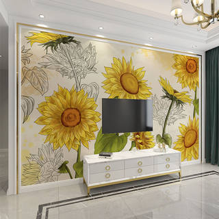 3d美式复古客厅电视背景墙纸创意沙发壁纸壁布向日葵艺术装饰壁画