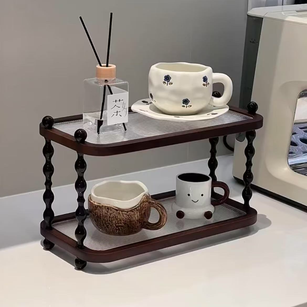 中古风水杯架桌面实木置物架水杯咖啡杯双层收纳架多功能杂物整理