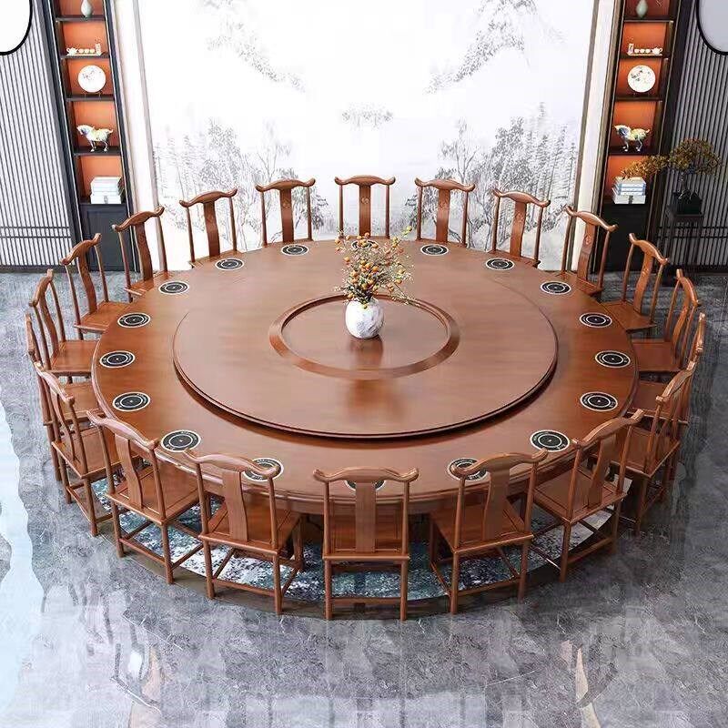 热销酒店餐桌大圆桌新中式电动18人饭店包厢实木旋转火锅圆桌工厂